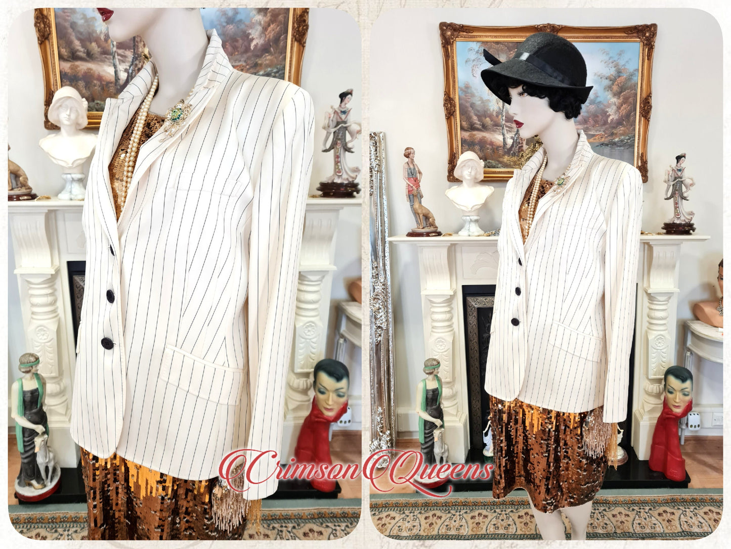 Vintage high quality jacket black and white Bonnie Clyde cream striped rowing boating blazer stripy monochrome jacket coat size UK 14 US 10