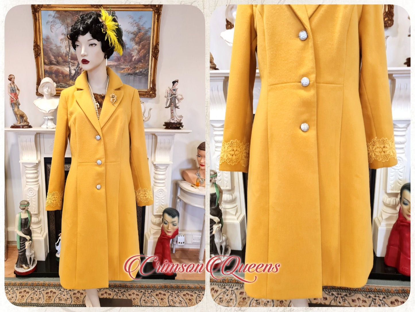 Vintage feminine yellow coat flapper coat with lace adormnemts 1920s mustard warm and cozy elegant dress coat 1980s size UK 12 US 8