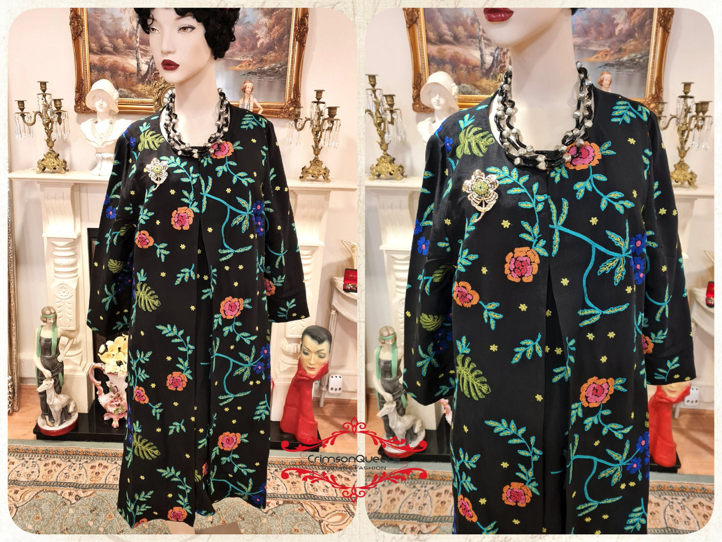 Black floral Vintage 1920's style Downton Abbey Great Gatsby embroidered linen suit dress with jacket Size UK 14 US 10