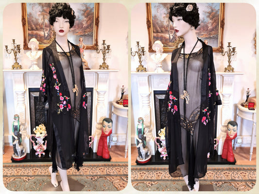 Vintage sheer silk with satin borders 1920 floral embroidered kimono 1920s oriental Miss Fisher bohemian duster size UK 8 10 12  US 4 6 8
