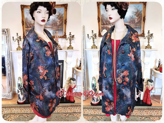 Autumn coat Art Deco bohemian coat flapper coat silk crinkled roamantic impressionist print long jacket 1920s size UK 10 12 US 6 8