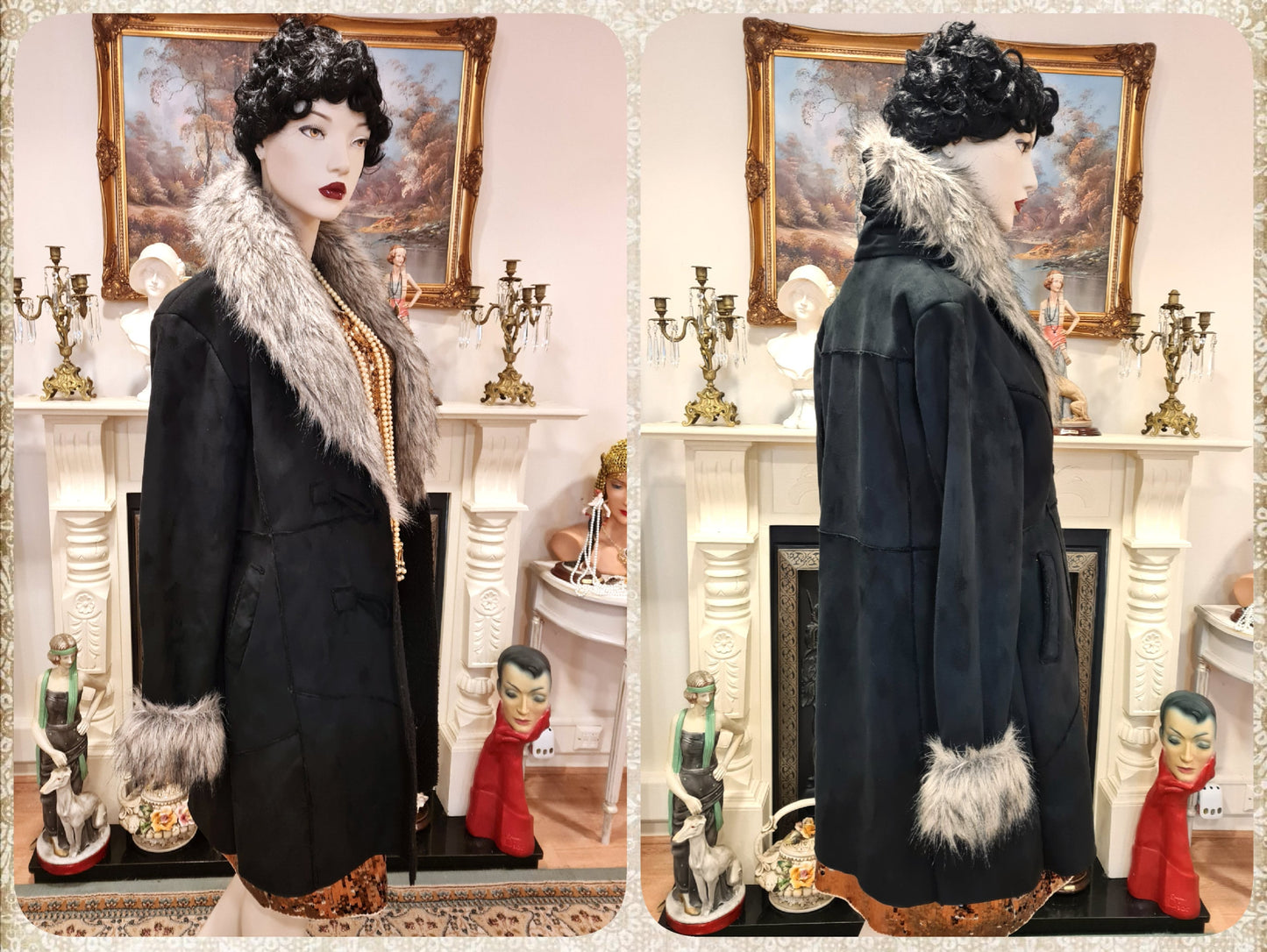 Vintage Art Deco black simulated suede afghan black and grey 1970s elegant faux silver fox fur collar coat jacket size UK 10 12 US 6 8