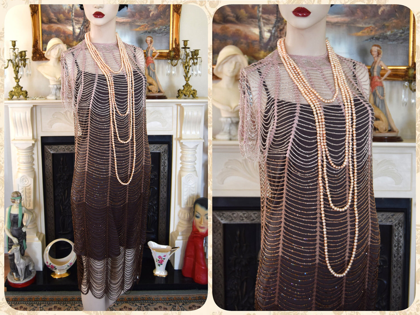 Flapper dress 1920s dress Great Gatsby dress Art Deco dress Vintage Heavily Beaded crocheted Gold Coper Ombre Dress Size UK  12 14 US  8 10