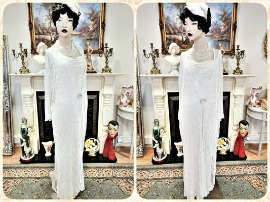 Art Deco vintage 1920s bride off-white wedding bridal dress beaded flapper 100% silk Great Gatsby charleston jazz size UK 8 10 US 4 6