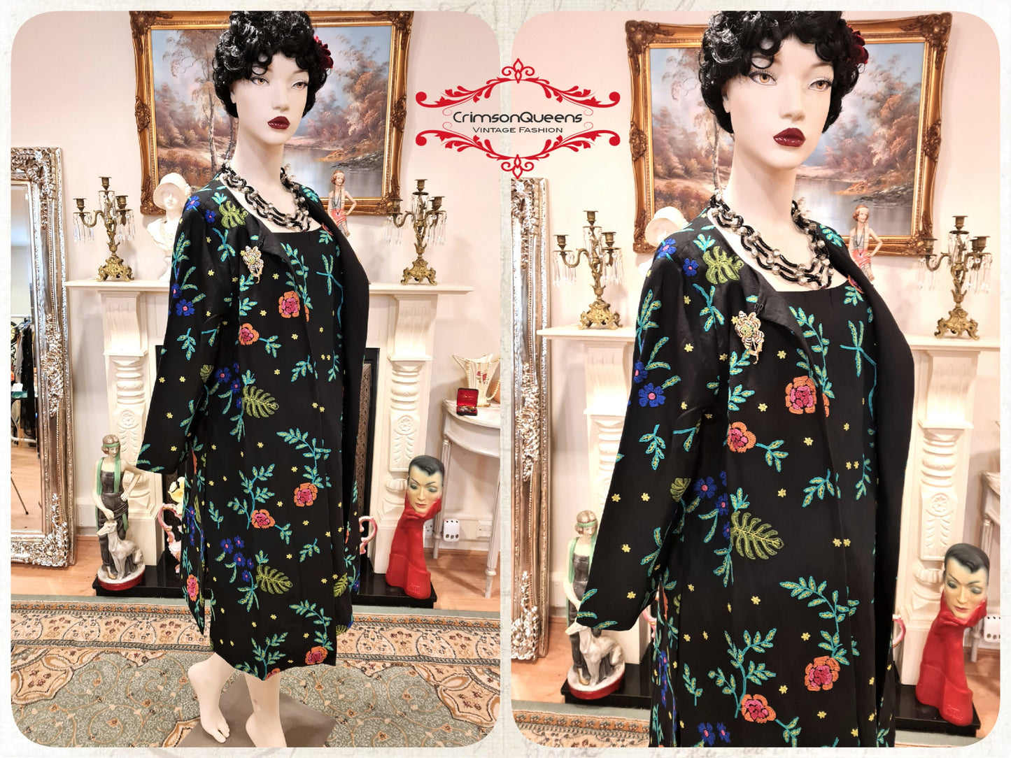 Black floral Vintage 1920's style Downton Abbey Great Gatsby embroidered linen suit dress with jacket Size UK 14 US 10