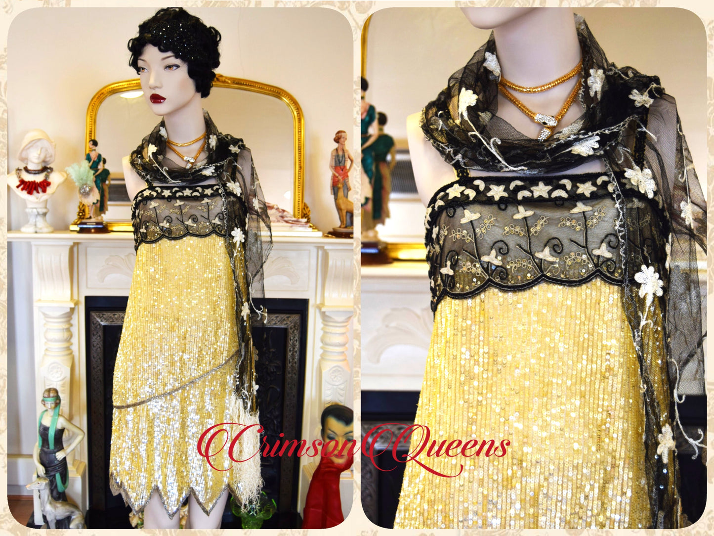 Vintage gold 1920s flapper sequined with antique lace  Great Gastby stage dance romantic dress lace size UK 6 8 US 2 4