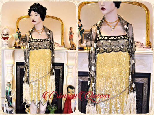 Vintage gold 1920s flapper sequined with antique lace  Great Gastby stage dance romantic dress lace size UK 6 8 US 2 4