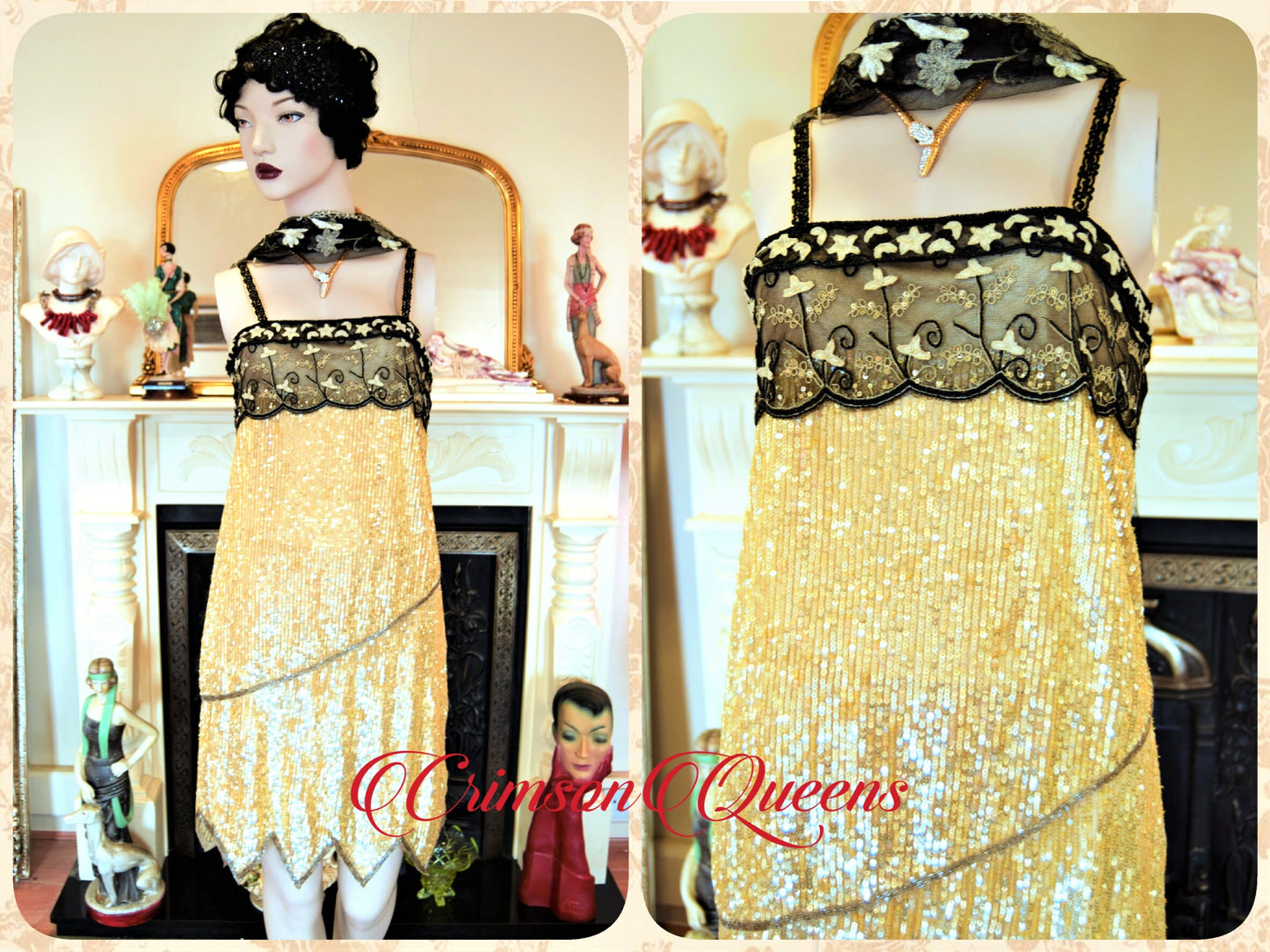 Vintage gold 1920s flapper sequined with antique lace  Great Gastby stage dance romantic dress lace size UK 6 8 US 2 4