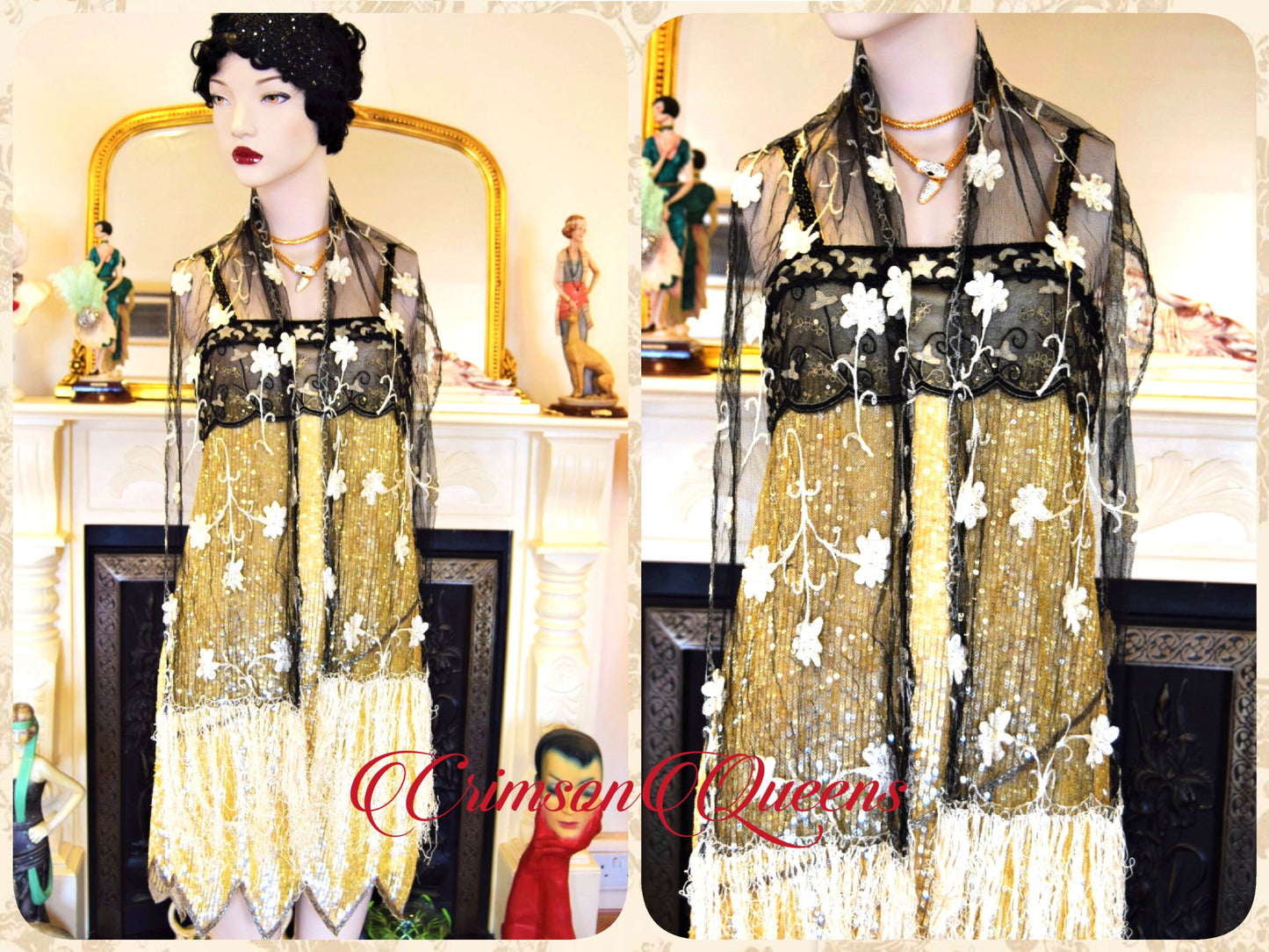 Vintage gold 1920s flapper sequined with antique lace  Great Gastby stage dance romantic dress lace size UK 6 8 US 2 4