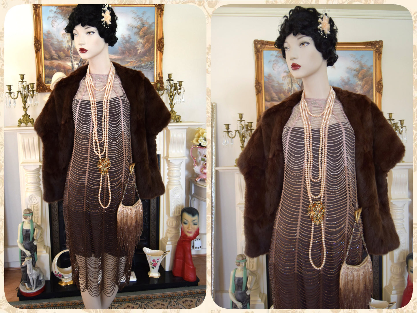Flapper dress 1920s dress Great Gatsby dress Art Deco dress Vintage Heavily Beaded crocheted Gold Coper Ombre Dress Size UK  12 14 US  8 10