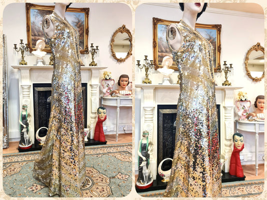 Extraordinary vintage illusion 1920s Art Deco Downton Abbey Hollywood goddess vintage silver maxi sequin shell dress gown size UK 12 US 8