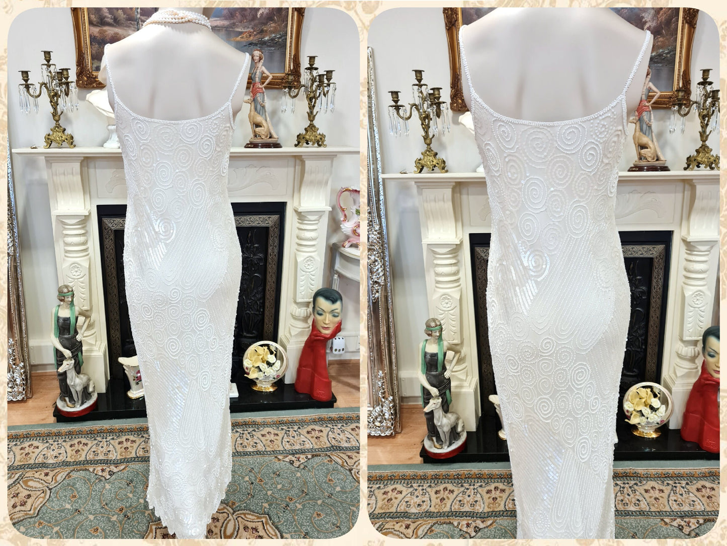 Art Deco vintage 1920s bride off-white wedding bridal dress beaded flapper 100% silk Great Gatsby charleston jazz size UK 8 10 US 4 6