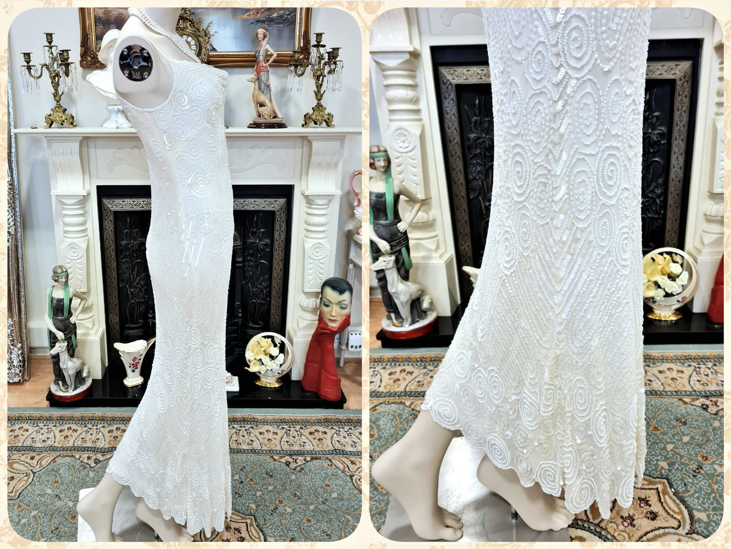 Art Deco vintage 1920s bride off-white wedding bridal dress beaded flapper 100% silk Great Gatsby charleston jazz size UK 8 10 US 4 6
