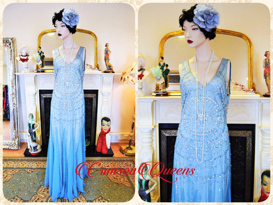 Vintage Downton Abbey 1930s sky blue beaded sequined Hollywood goddess floor length spider web chiffon maxi ball gown dress size uk 12 US 8