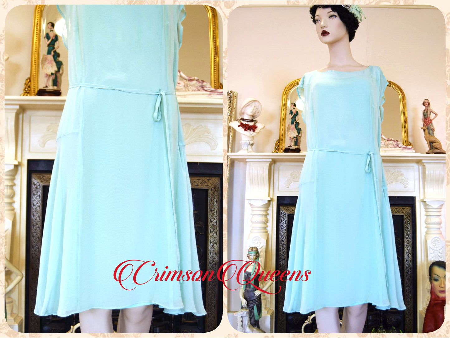 Vintage all silk celadon green 1920's style ethereal floaty summer cocktail garden flapper style dress  size US 10 12 US 6 8