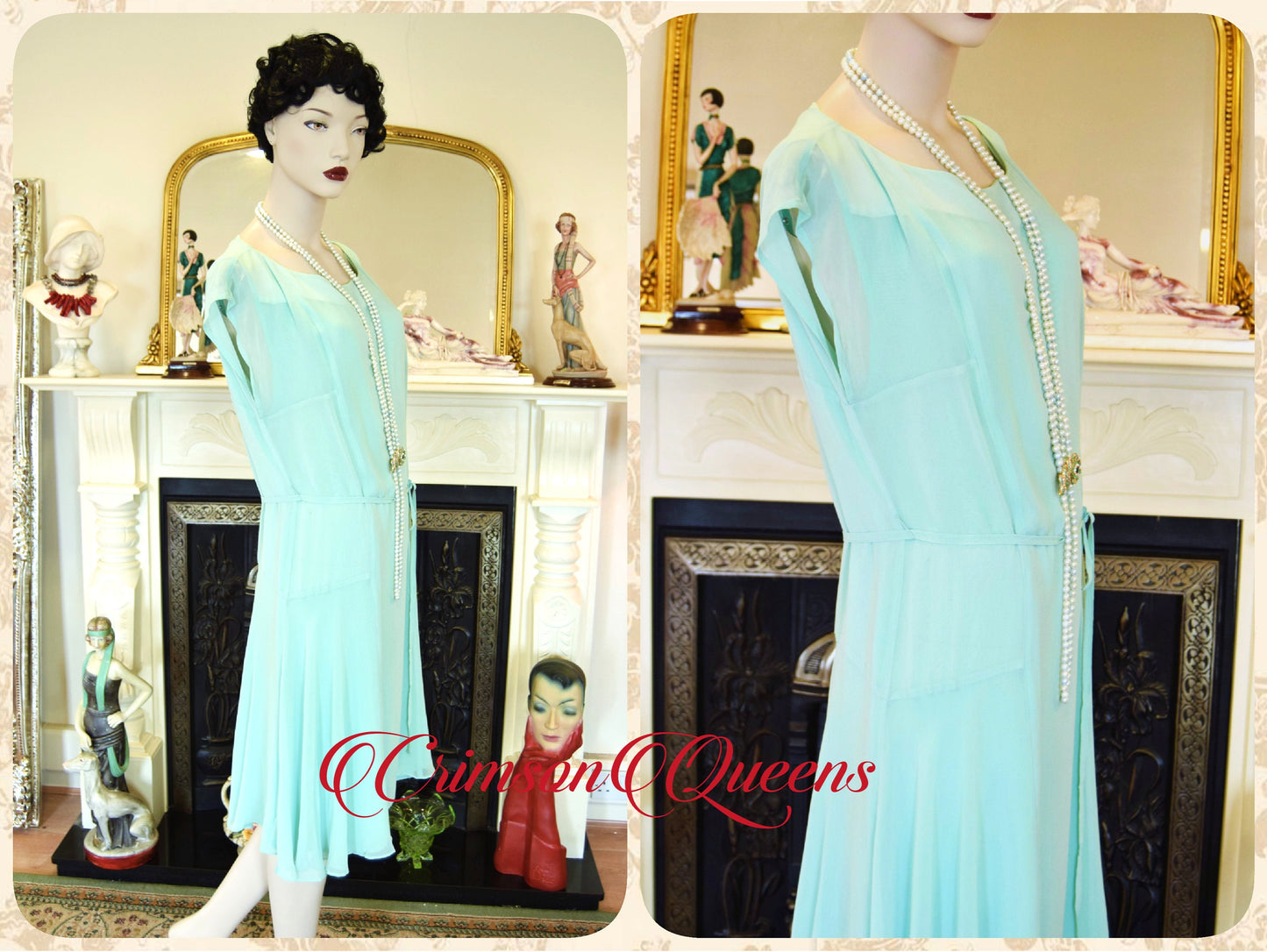 Vintage all silk celadon green 1920's style ethereal floaty summer cocktail garden flapper style dress  size US 10 12 US 6 8