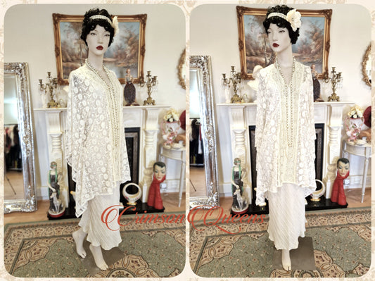 Vintage 1920s kaftan dress bohemian gypsy hippy boho wedding Art Deco bride bead cream oyster wedding kimono size UK 10 US 6