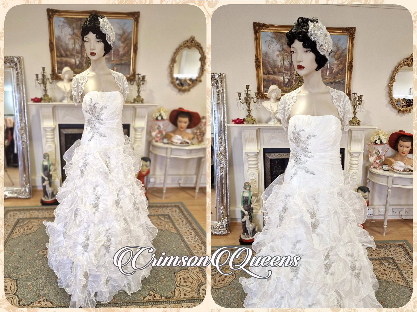 Vintage luxurious Art Deco edding Dress complete ensemble Embellished floral blossoming layer silk organza Ivory Size UK 10 US 6