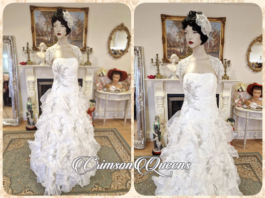 Vintage luxurious Art Deco edding Dress complete ensemble Embellished floral blossoming layer silk organza Ivory Size UK 10 US 6
