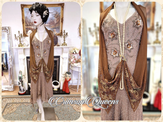 Vintage silk Great Gatsby gold toffee shell of glass beads extrordinary flapper dress ensemble 1920s beaded embellished dress UK 8 US 4