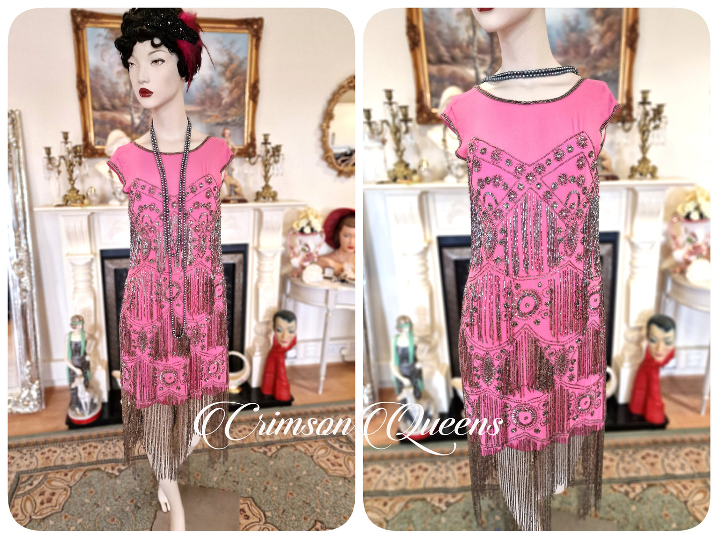 Vintage Great Gatsby hot pink beaded proper flapper style dress sequined 1920s beaded embellished dress UK 10 US 6