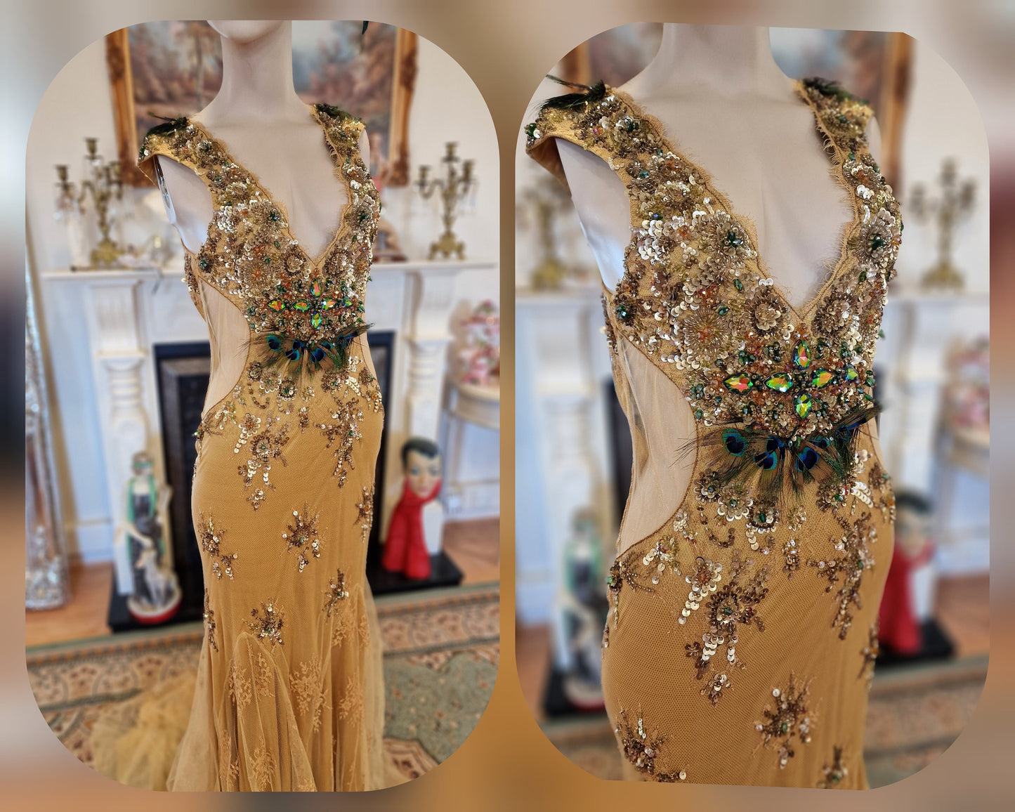 Spectacular one of the kind vintage 1920s 1930s Art Deco Peacock Queen sequined beads feathered lace gold dress ballgown size UK 6 8 US 2 4