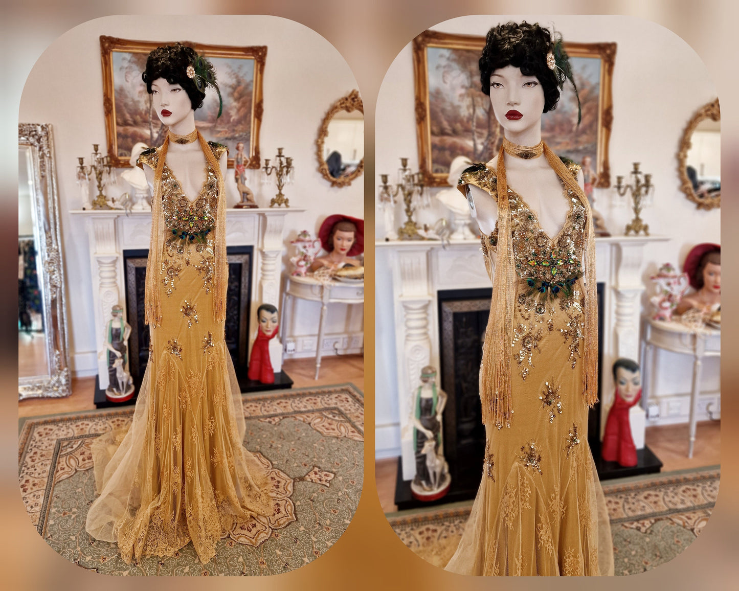 Spectacular one of the kind vintage 1920s 1930s Art Deco Peacock Queen sequined beads feathered lace gold dress ballgown size UK 6 8 US 2 4