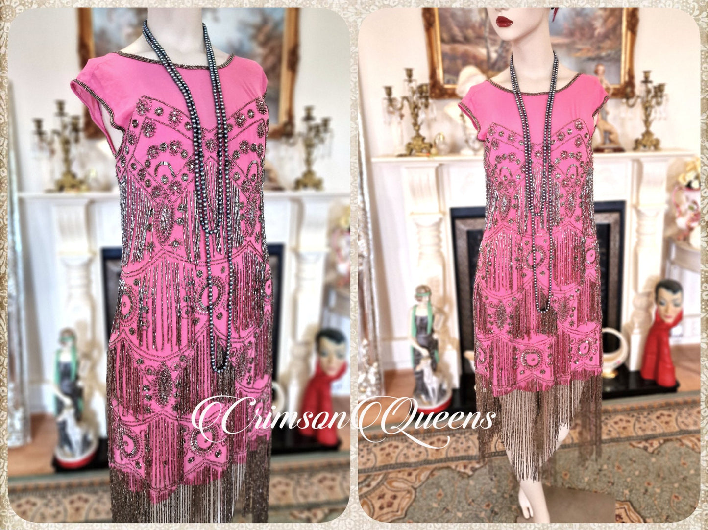 Vintage Great Gatsby hot pink beaded proper flapper style dress sequined 1920s beaded embellished dress UK 10 US 6