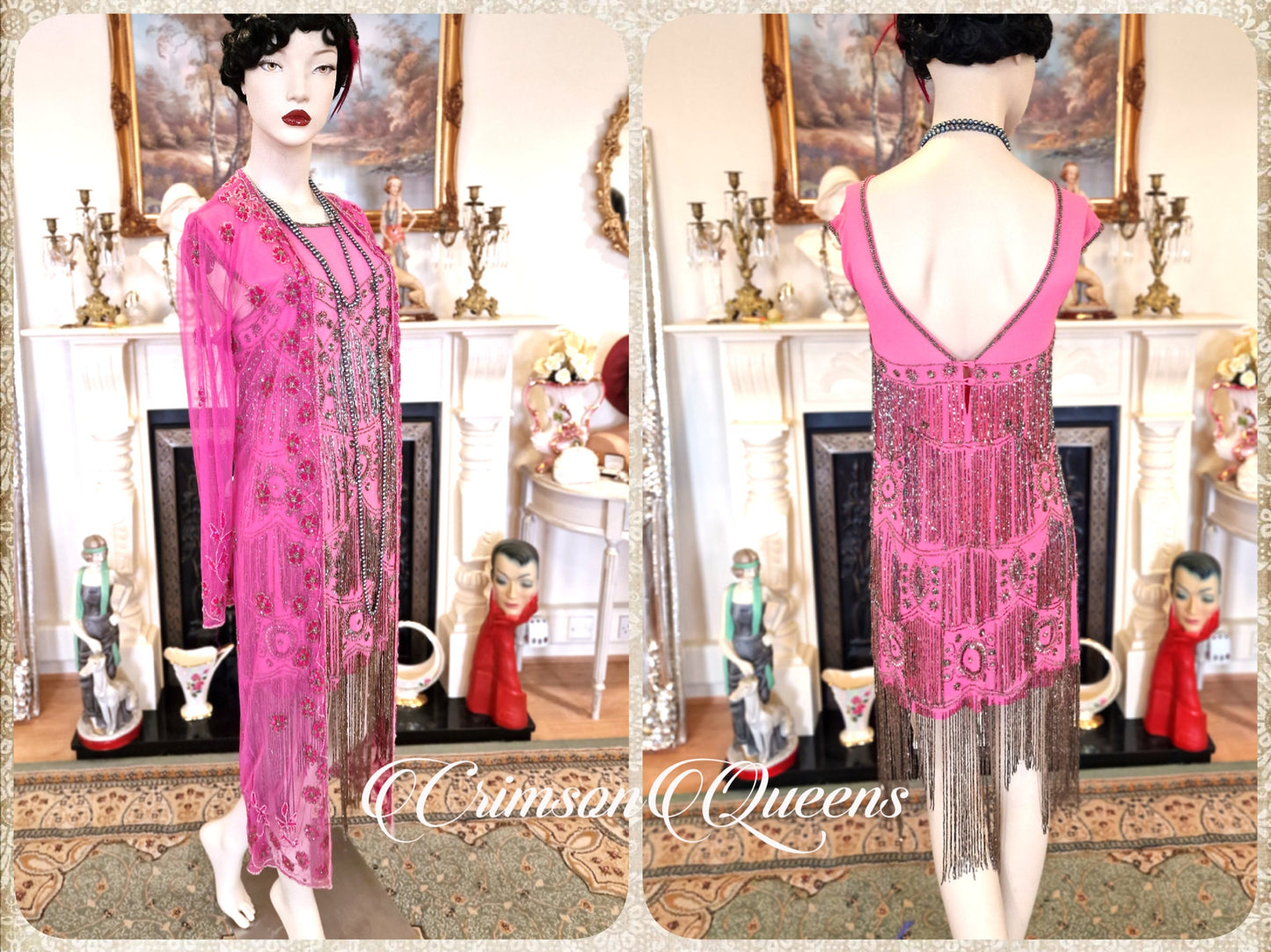 Vintage Great Gatsby hot pink beaded proper flapper style dress sequined 1920s beaded embellished dress UK 10 US 6