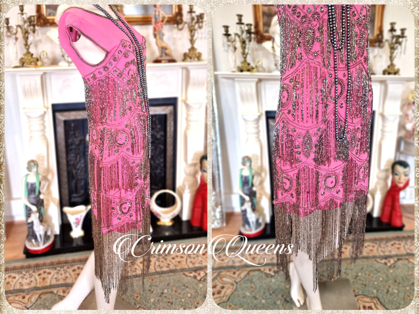 Vintage Great Gatsby hot pink beaded proper flapper style dress sequined 1920s beaded embellished dress UK 10 US 6