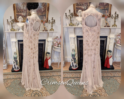 Divine Vintage nude Lady Rose Downton Abbey maxi beaded sequinned embe
