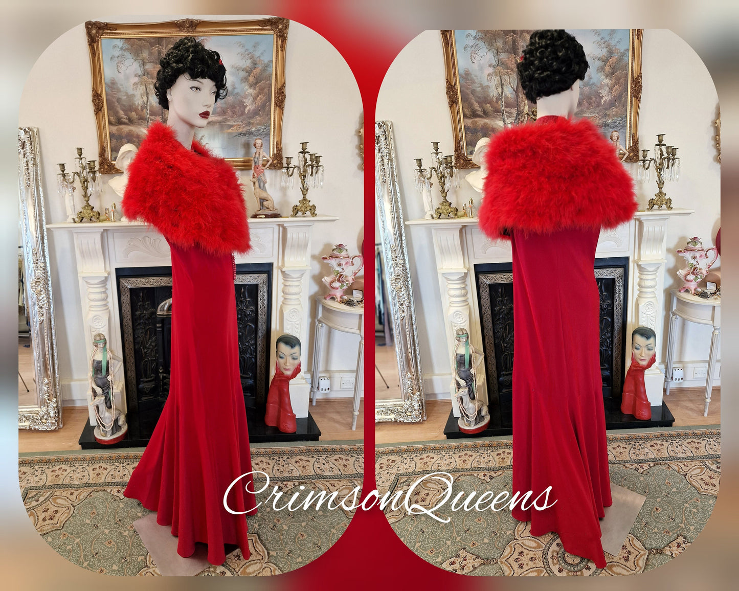 Art Deco romantic Downton Abbey vintage scarlet red embellished beaded  cocktail evening ballgown floor dress Size UK 20 US 16