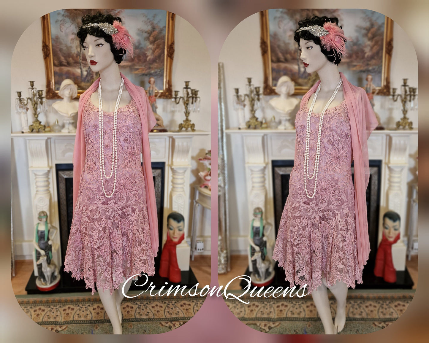 Art Deco Vintage Pink  Romantic Downton Abbey Pink Illusion Embroidered Beaded Floral Sequinned Cocktail Evening Net Gown Size UK 8 US 4