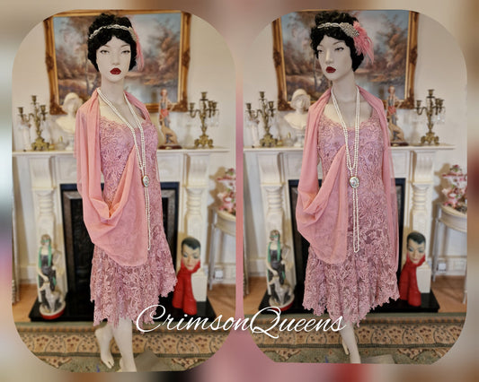 Art Deco Vintage Pink  Romantic Downton Abbey Pink Illusion Embroidered Beaded Floral Sequinned Cocktail Evening Net Gown Size UK 8 US 4