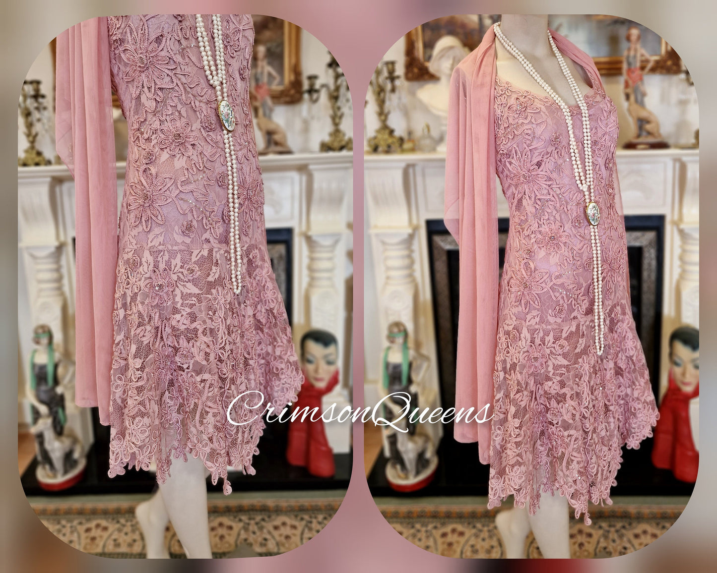 Art Deco Vintage Pink  Romantic Downton Abbey Pink Illusion Embroidered Beaded Floral Sequinned Cocktail Evening Net Gown Size UK 8 US 4