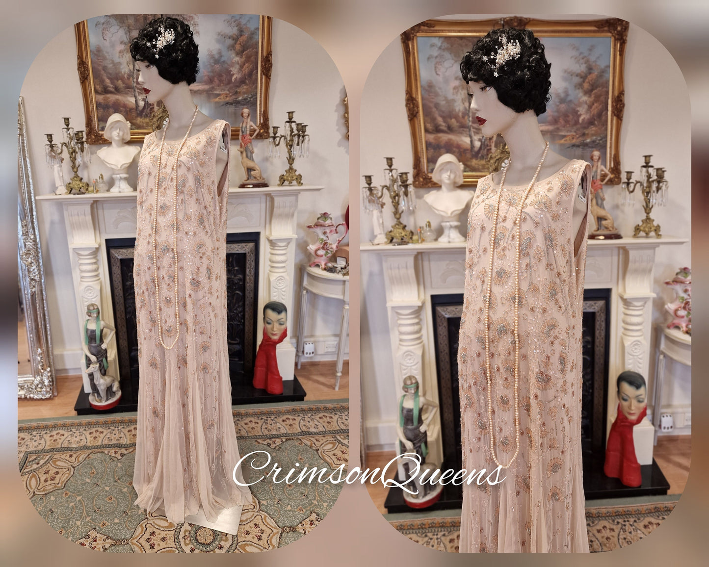 Divine Vintage nude Lady Rose Downton Abbey maxi beaded sequinned embellished dress 1920's flapper wedding occasion dress Size UK 20 US 16