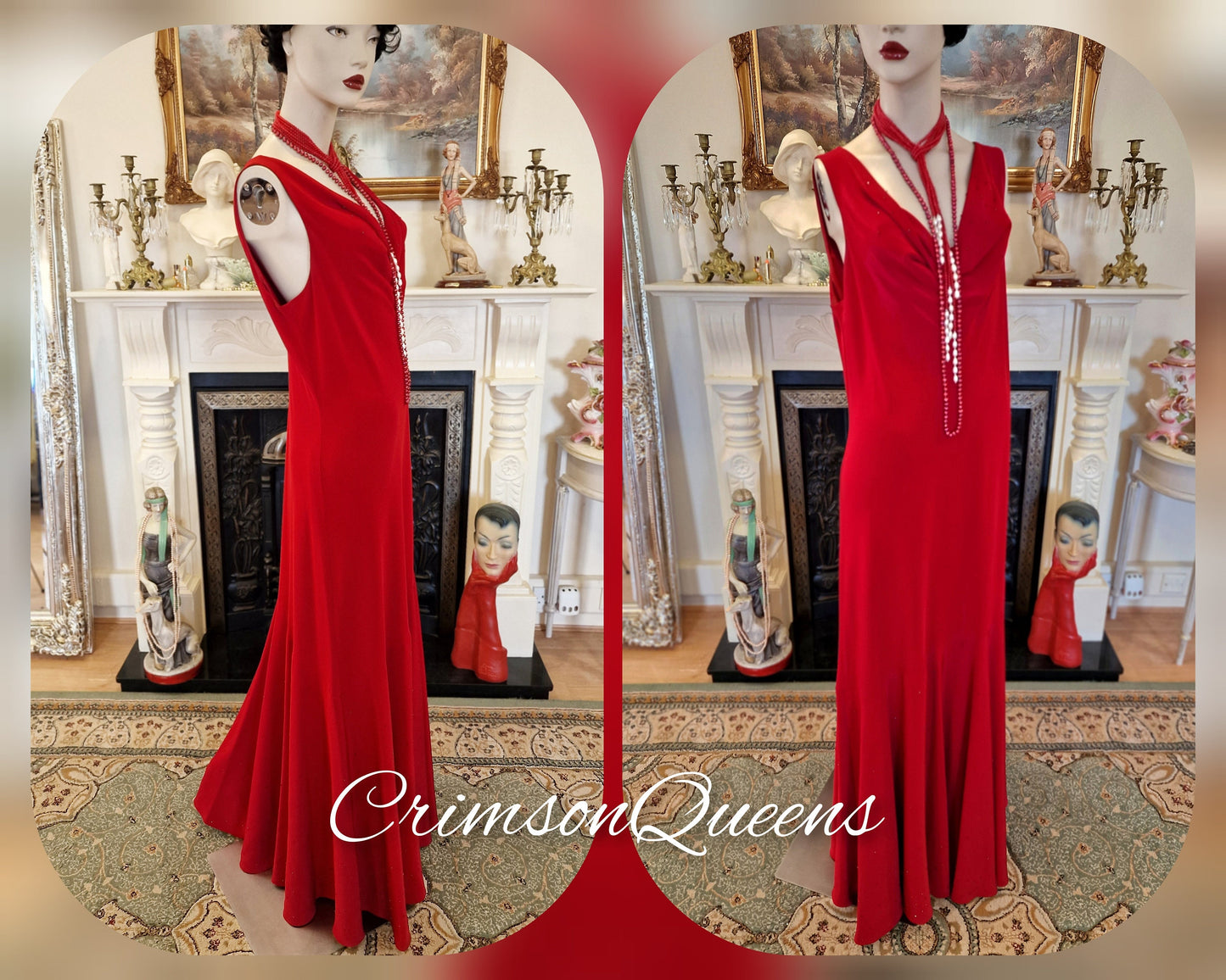 Art Deco romantic Downton Abbey vintage scarlet red embellished beaded  cocktail evening ballgown floor dress Size UK 20 US 16