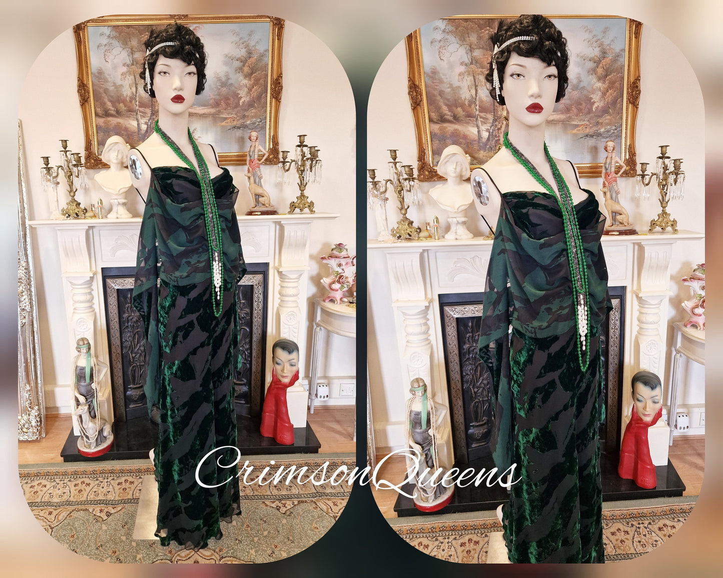 Vintage green statement dress flapper evening Downton Abbey 1920s cocktail garden party maxi silk devore feather dress UK 10/12  US 6.8