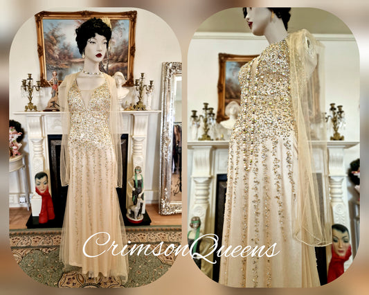 Spectacular vintage 1920s illusion flapper charleston Downton Abbey mesh Great Gatsby 1920s gold beaded embellished net dress UK 8 US 4