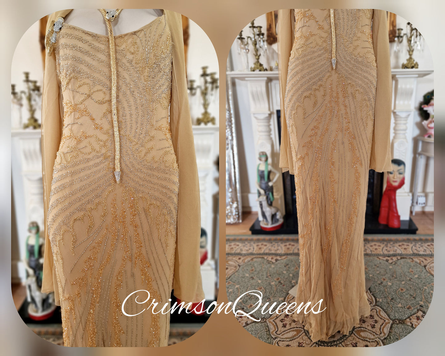 Spectacular vintage 1920s illusion flapper Downton Abbey Great Gatsby 1920s gold beaded embellished net dress gown Marilyn Monroe UK 10 US 6