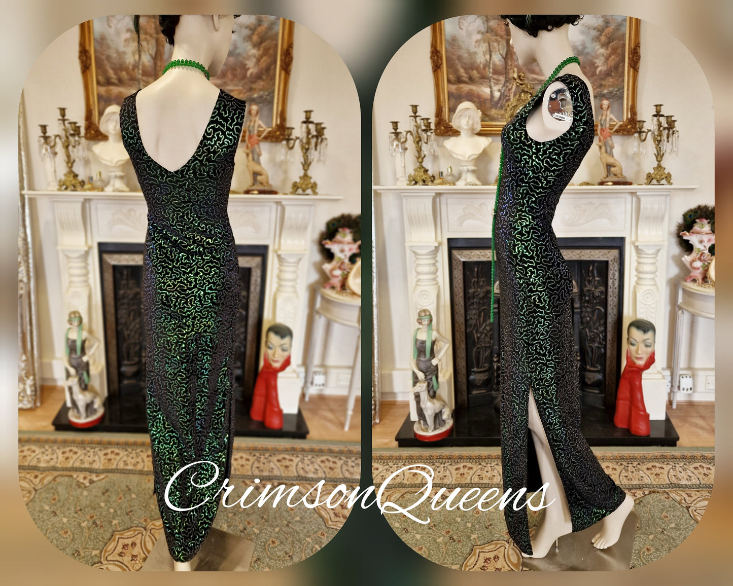 Vintage sequinned emerald green statement dress flapper evening Downton Abbey 1920s Marilyn Monroe maxi dress UK 8 US 4