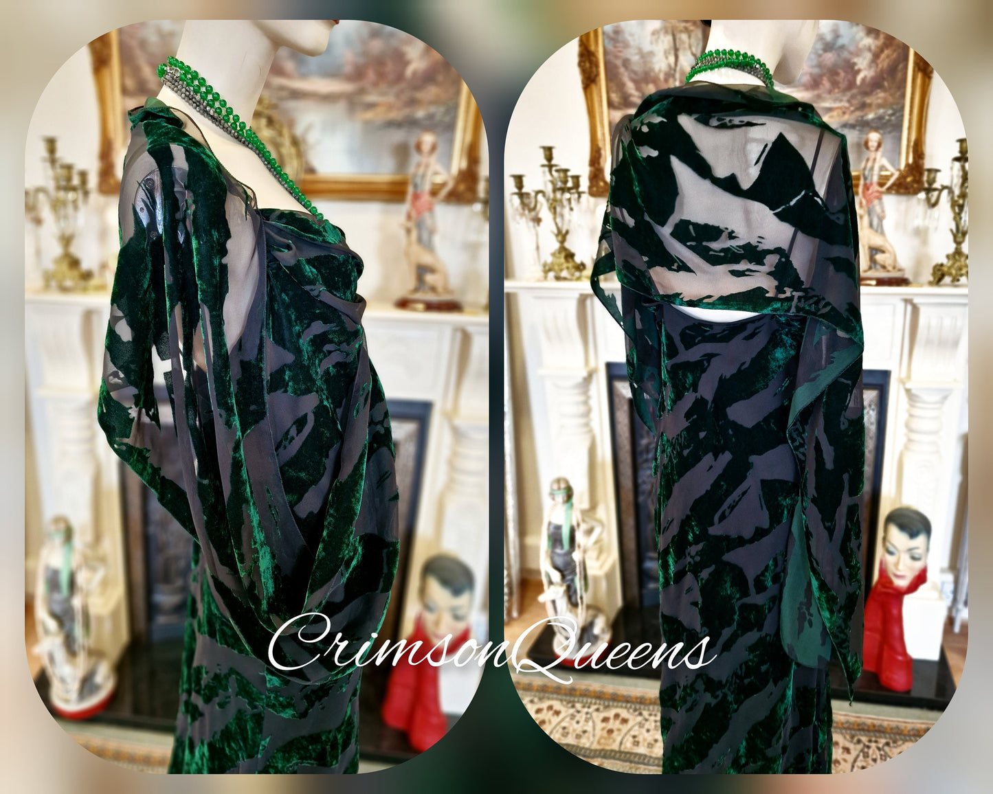 Vintage green statement dress flapper evening Downton Abbey 1920s cocktail garden party maxi silk devore feather dress UK 10/12  US 6.8