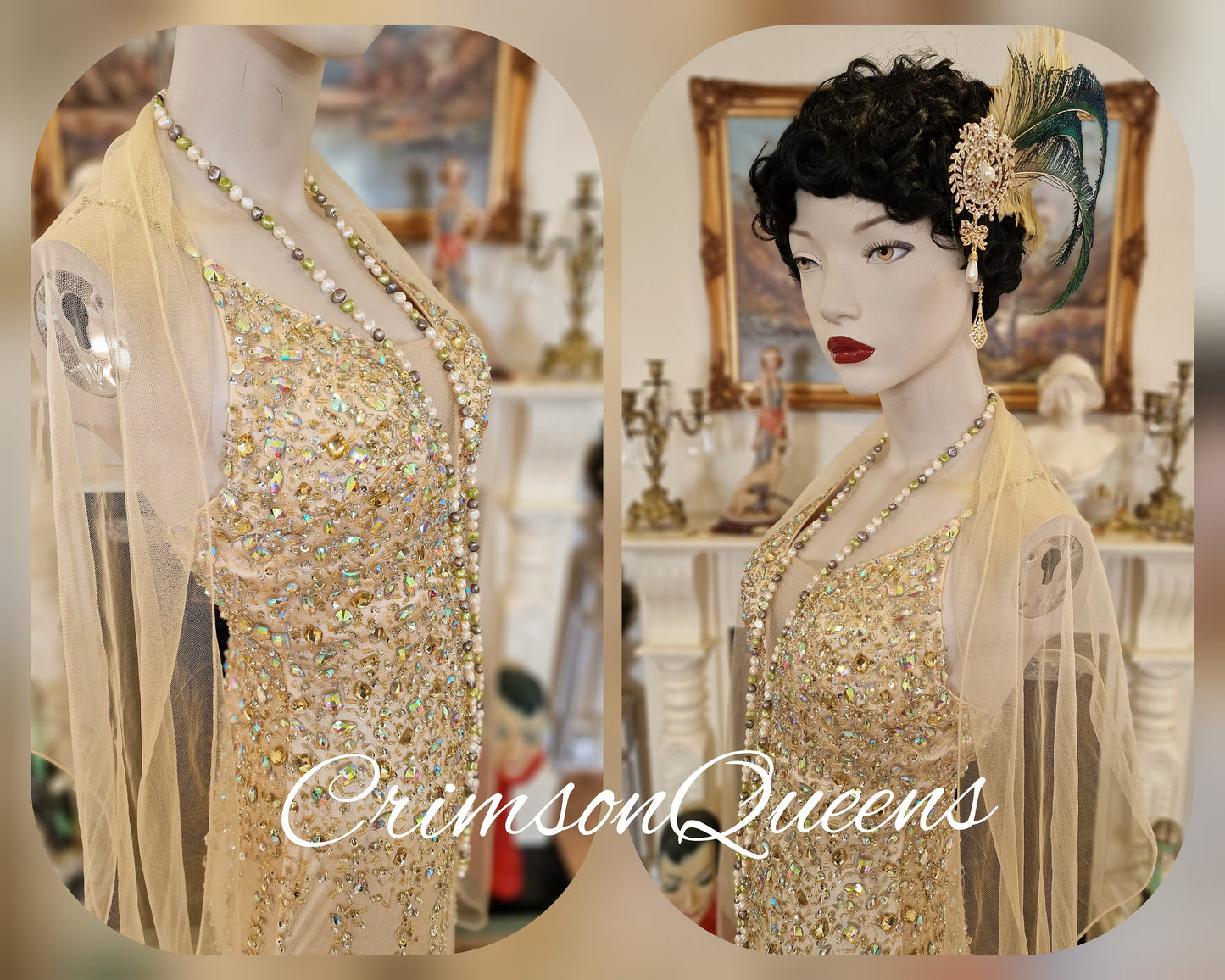 Spectacular vintage 1920s illusion flapper charleston Downton Abbey mesh Great Gatsby 1920s gold beaded embellished net dress UK 8 US 4
