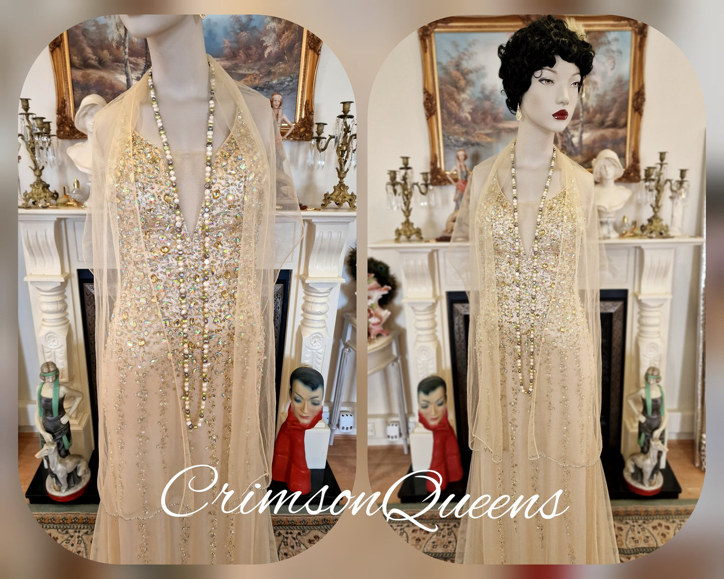 Spectacular vintage 1920s illusion flapper charleston Downton Abbey mesh Great Gatsby 1920s gold beaded embellished net dress UK 8 US 4