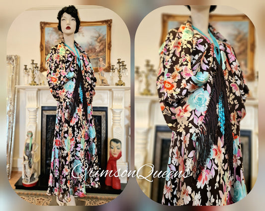 Vintage Great Gatsby Downton Abbey silk devore romantic floral cocktail garden dress guest wedding suit dress gown with shawl UK 12 US 8