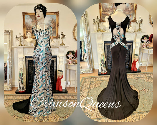 True statement 1930's vintage sequined peacock dress 1920's Great Gatsby stage Hollywood goddess evening gown size UK 12 US 8