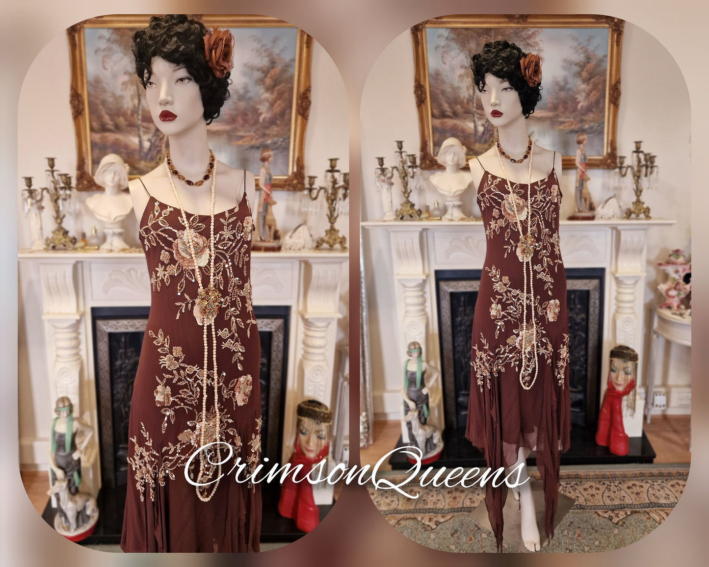 Magnificient vintage Downton Abbey all silk gold with beaded embellishments chocolate brown etherel dress UK 10 US 6