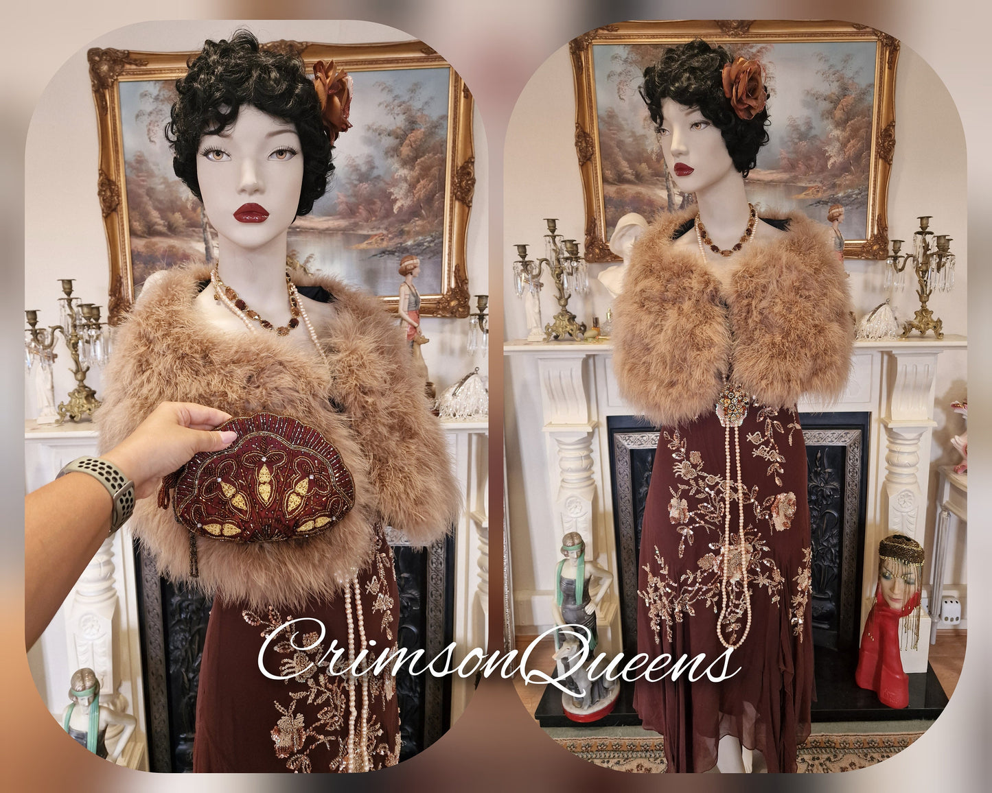 Magnificient vintage Downton Abbey all silk gold with beaded embellishments chocolate brown etherel dress UK 10 US 6