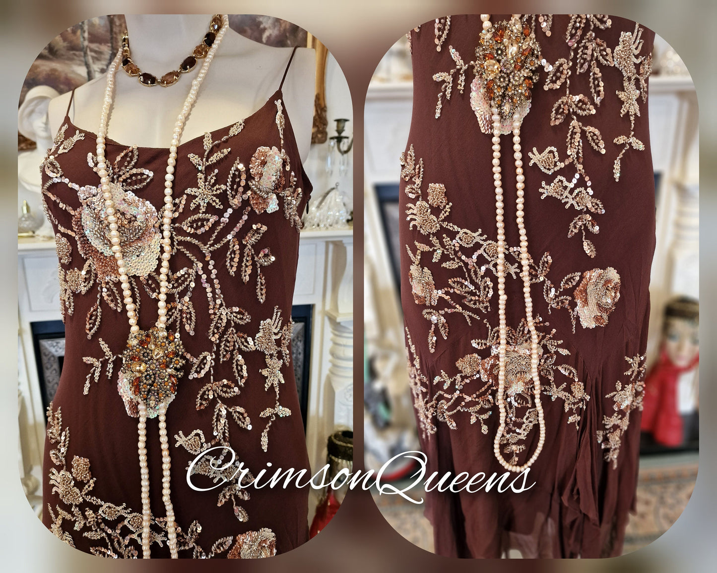 Magnificient vintage Downton Abbey all silk gold with beaded embellishments chocolate brown etherel dress UK 10 US 6