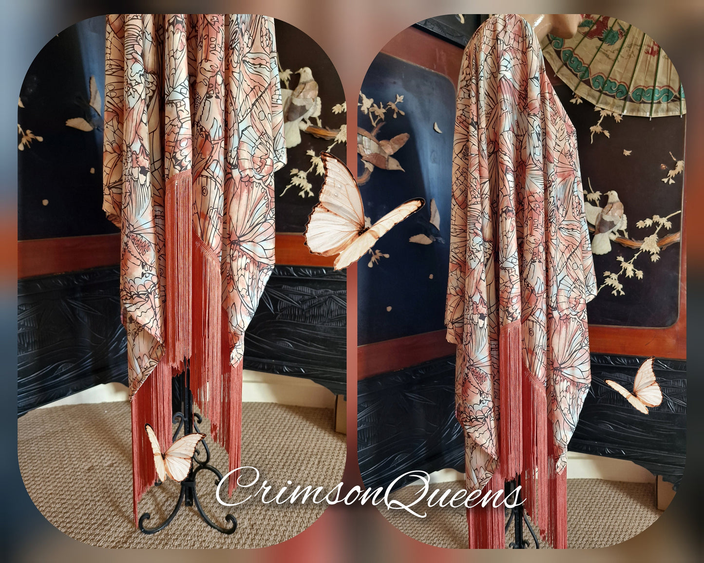 Vintage dusty pink Art Deco bohemian gypsy magnificient fringed kimono blouse 1920's fapper size UK 12 14 US 8 10